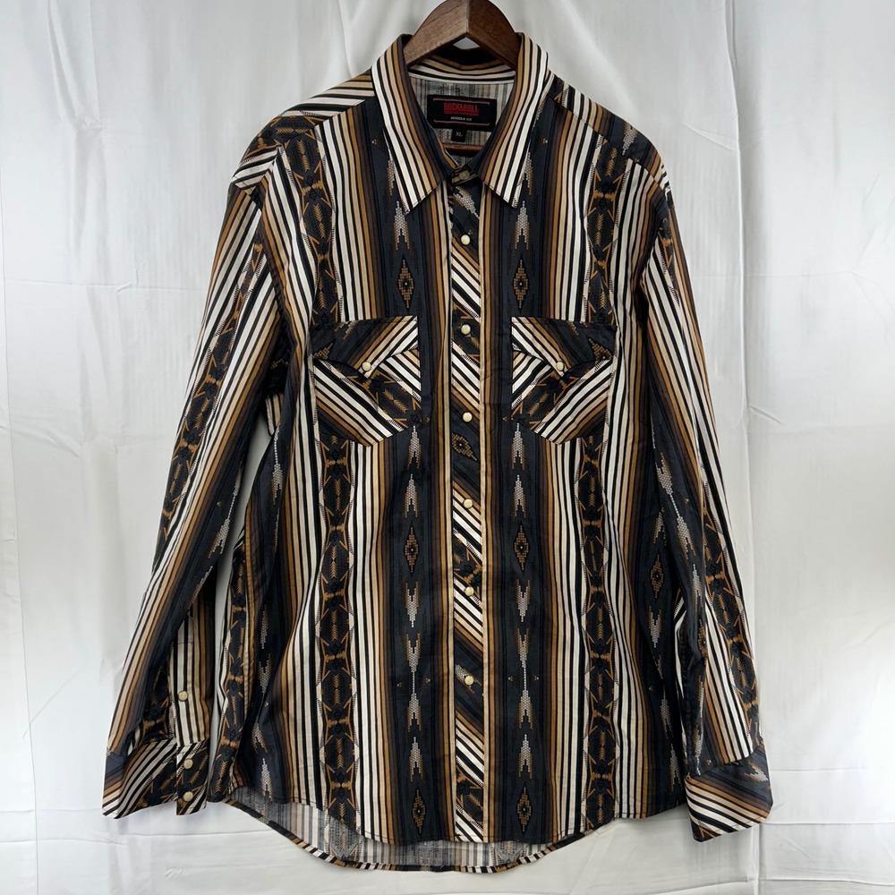 Rock & Roll Denim Western Shirt Mens XL Brown Aztec Stripe Pearl Snap Modern Fit